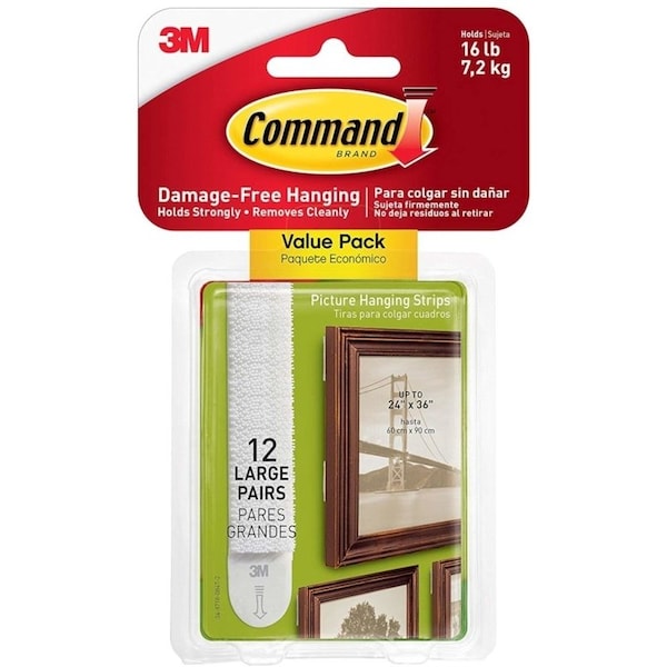 Command Large Picture Hanging Strip, 3/4 in W, 3-5/8 in L, Foam Backing, White, 4 lb - 17206-12ES