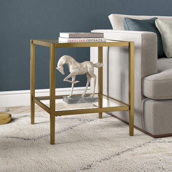 Hudson & Canal 20 in. Hera Square Side Table with Clear Shelf Antique Brass - ST1631