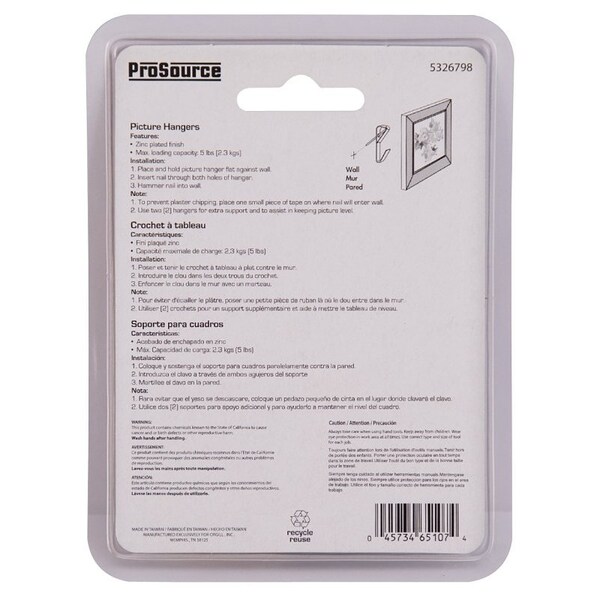 Prosource Picture Hanger, 5 lb, Steel, Zinc, Zinc, Nail-In Mounting - PH-121005-PS
