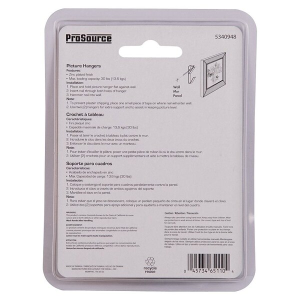 Prosource Picture Hanger, 30 lb, Steel, Zinc, Zinc, Nail-In Mounting - PH-121030-PS