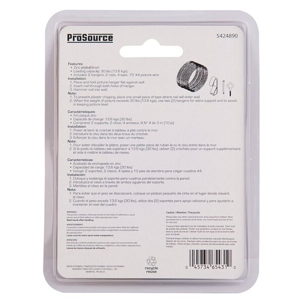 Prosource Picture Hanging Kit, 30 lb, Steel, Zinc, Zinc, Nail-In Mounting - PH-121128-PS