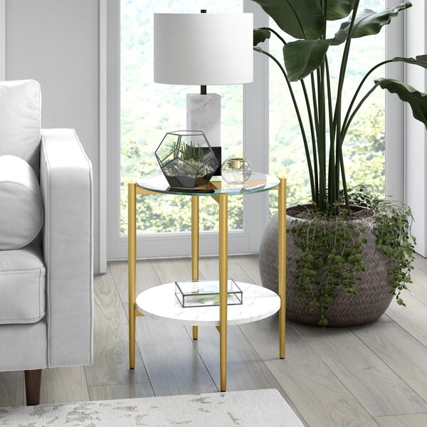 Henn & Hart Otto Gold Finish Side Table with Faux Marble Shelf - ST0837
