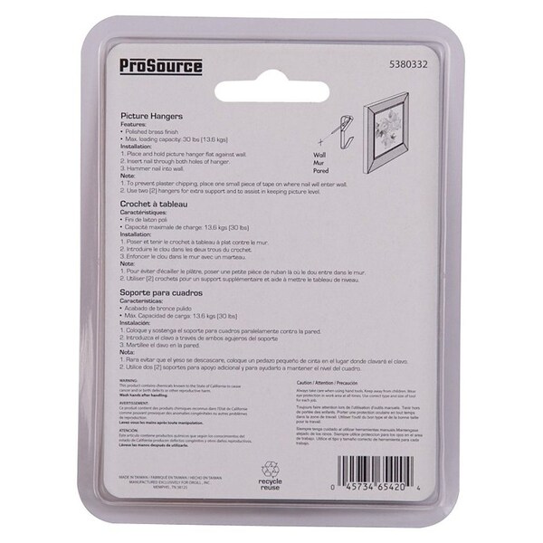 Prosource Picture Hanger, 30 lb, Steel, Polished Brass, Brass, Nail-In Mounting - PH-122306-PS