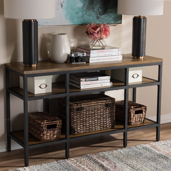 Baxton Studio Caribou Oak Brown Finished Wood and Black Finished Metal Console Table - 141-7611