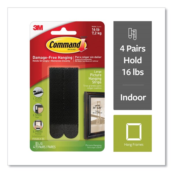 Command Picture Hanging Strips, Removable, Holds Up to 4 lbs per Pair, 0.75 x 3.65, Black, 4PK - 17206BLK