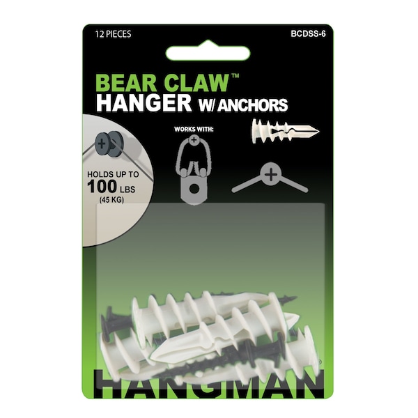 Hangman Products Hangman Bear Claw White Self-Drilling Wall Hangers w/Anchors 100 lb 6 each - BCDSS6
