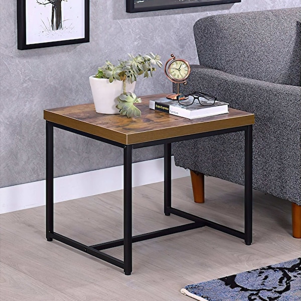 Acme Square Wooden End Table in Weathered Oak and Black - ER-0247OAK