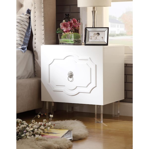 Posh Living Mackenzie MDF Wood Lacquer Chrome Lucite Leg Side Table Accent Table & Nightstand - White - ST19-09WE-UE