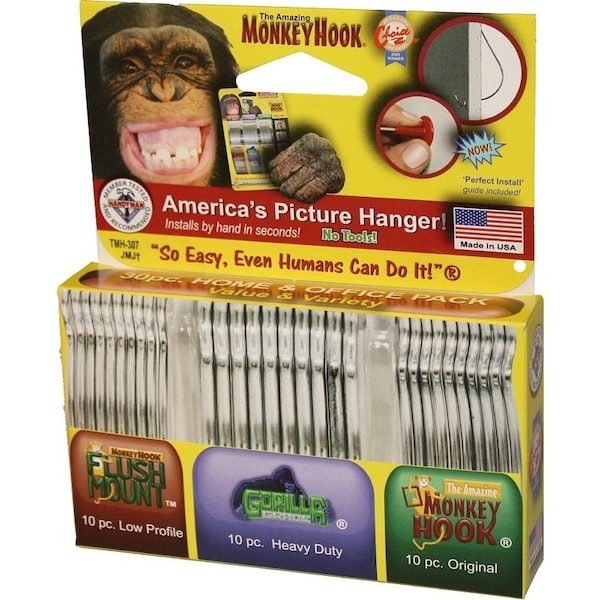 Monkey Hook HeavyDuty Picture Hanger Set, Carbon Steel, Silver, Galvanized, 30Piece - TMH-314