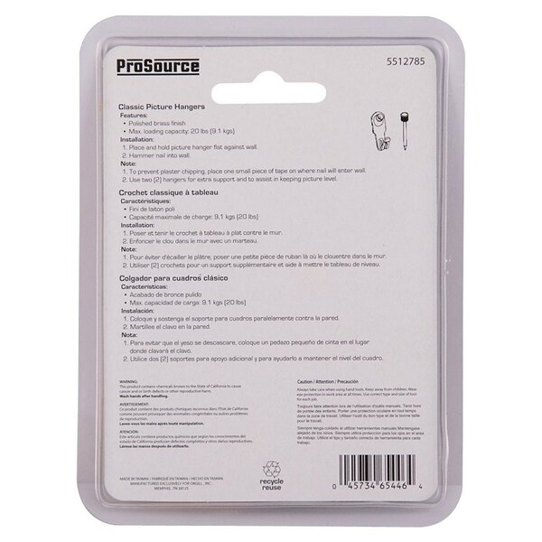 Prosource Picture Hanger, 20 lb, Steel, Polished Brass, Brass, Nail-In Mounting - PH-122268-PS