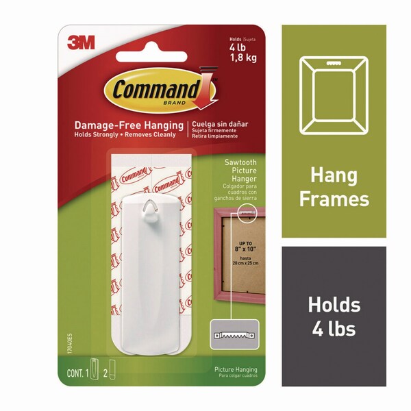 Command Sawtooth Picture Hanger, One Hanger, Two Strips, White, Supports 4 lbs - 17040