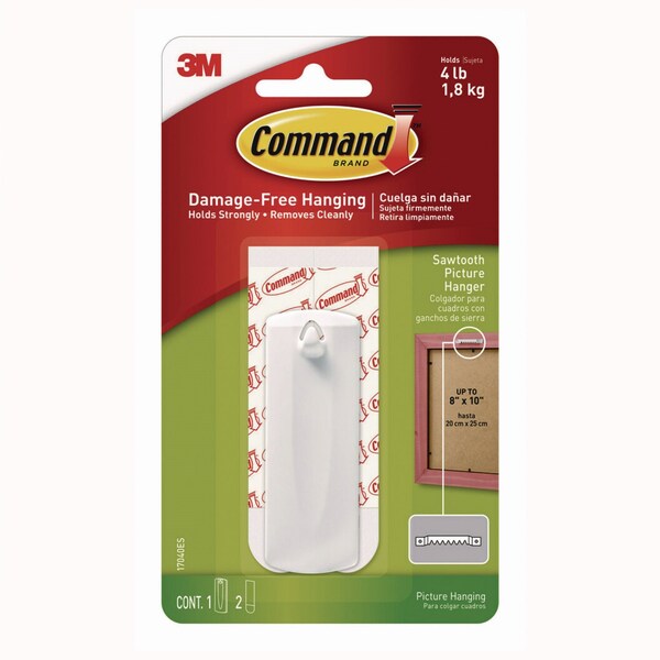 Command Sawtooth Picture Hanger, One Hanger, Two Strips, White, Supports 4 lbs - 17040