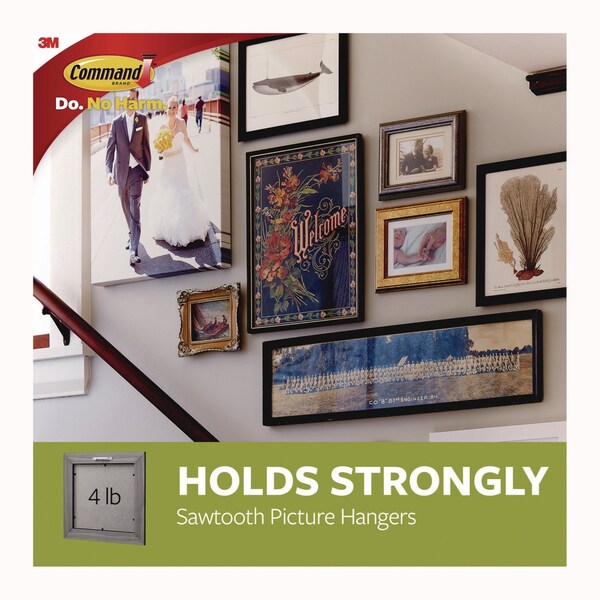 Command Sawtooth Picture Hanger, One Hanger, Two Strips, White, Supports 4 lbs - 17040