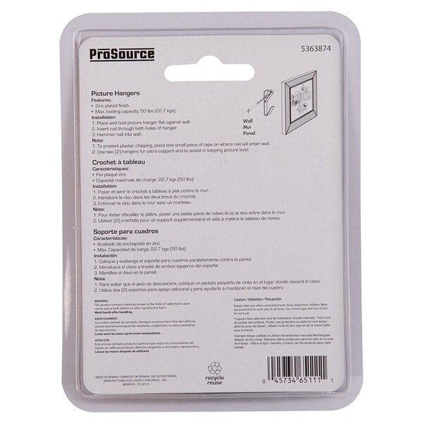 Prosource Picture Hanger, 50 lb, Steel, Zinc, Zinc, Nail-In Mounting - PH-121050-PS