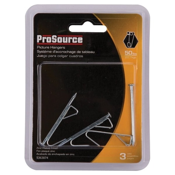 Prosource Picture Hanger, 50 lb, Steel, Zinc, Zinc, Nail-In Mounting - PH-121050-PS