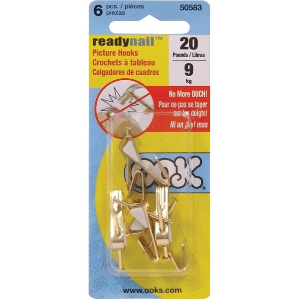 Ook Picture Hanger, 20 lb, Steel, Brass, Gold, 6PK - 50583
