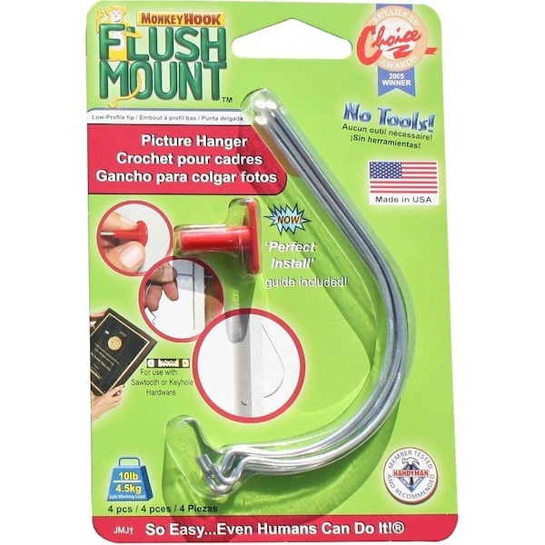 Hillman Monkey Hook Flush Mount TMH-444 Picture Hanger, 10 lb, Spring Steel, Galvanized, Silver, Flush - 9985297/TMH-444
