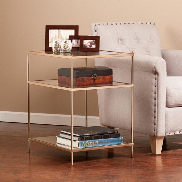 Homeroots 27 in. Glass & Iron Square Mirrored End Table with Shelf Gold - 402479