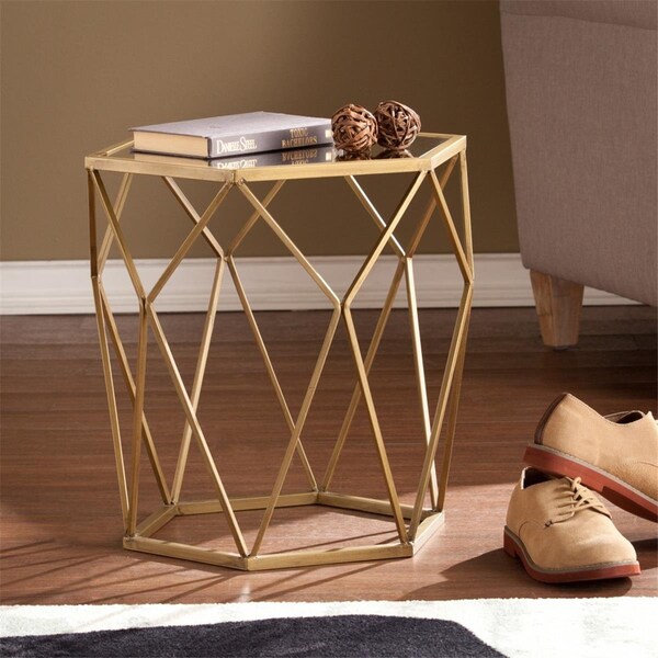 Homeroots 19 in. Reflective Glass Hexagon Mirrored End Table, Gold - 402267