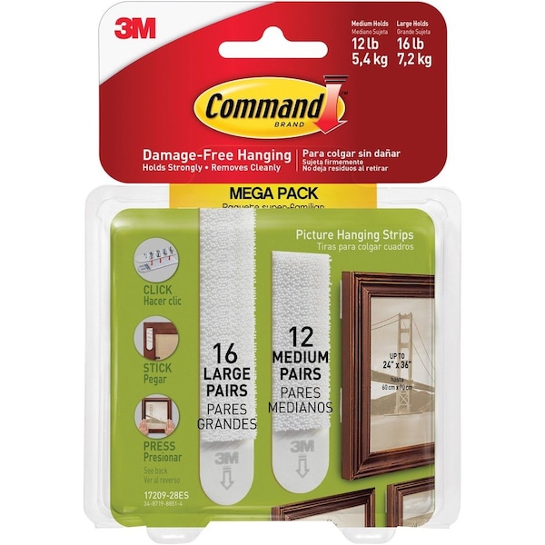 3M Picture Hanging Strips, 3 lb or 4 lb Cap/Set, 28/PK, White 28PK - MMM1720928ES