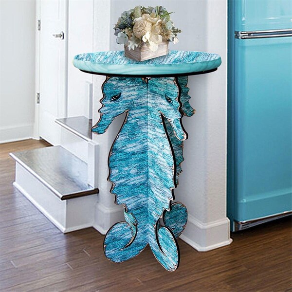 Designocracy 29 x 18 in. Seahorses Coastal Wooden Folded Side Table - G99991