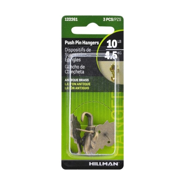 Hillman HILLMAN Antique Brass Push Pin Picture Hanger 10 lb 3 pk - 122261