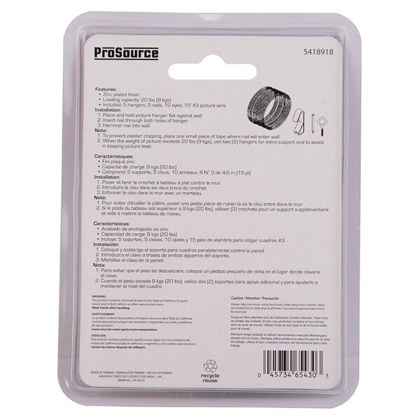 Prosource Picture Hanging Kit, 20 lb, Steel, Zinc, Zinc, Nail-In Mounting - PH-121127-PS