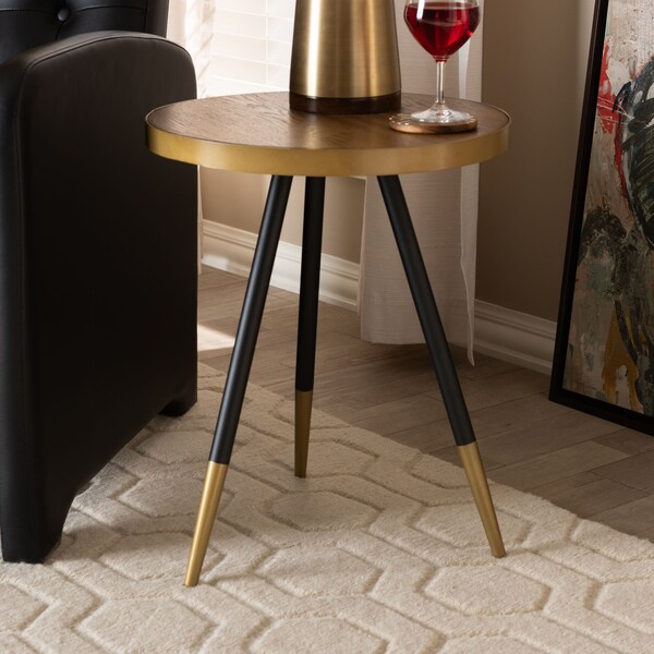 Baxton Studio Lauro Walnut Wood and Metal End Table with Black and Gold Legs - 153-9083