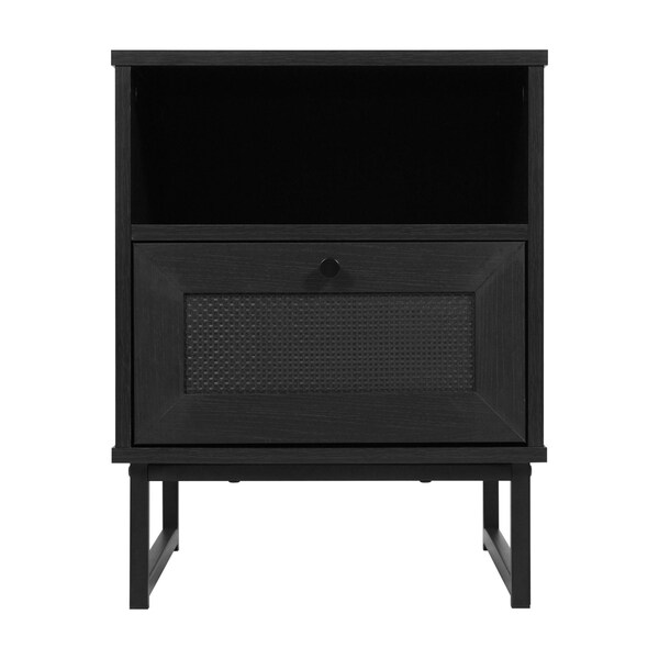 Flash Furniture Malaki Mid-Century Modern Nightstand w/Rattan Accented Drawer, Open Upper Shelf, Metal Legs, Black - EV-ST4043-ZZ-BLK-GG