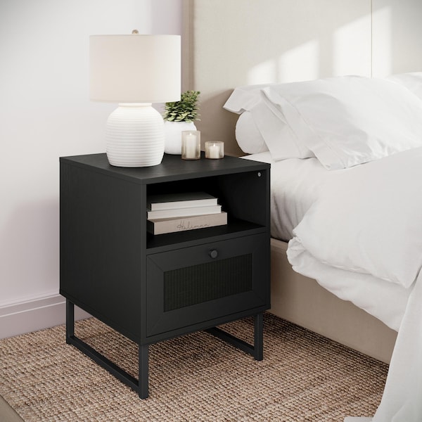 Flash Furniture Malaki Mid-Century Modern Nightstand w/Rattan Accented Drawer, Open Upper Shelf, Metal Legs, Black - EV-ST4043-ZZ-BLK-GG