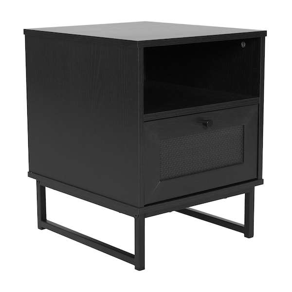 Flash Furniture Malaki Mid-Century Modern Nightstand w/Rattan Accented Drawer, Open Upper Shelf, Metal Legs, Black - EV-ST4043-ZZ-BLK-GG