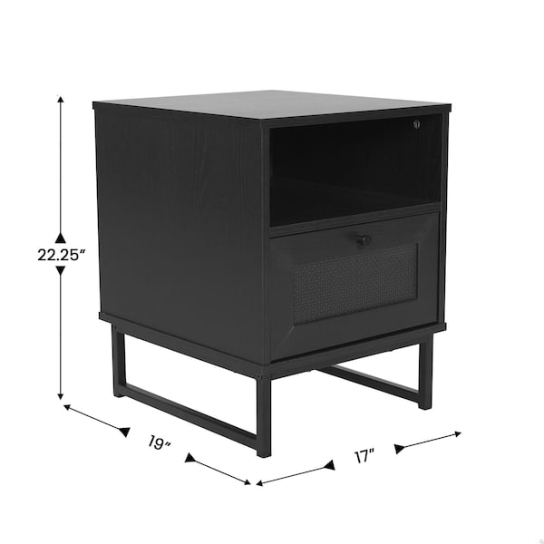 Flash Furniture Malaki Mid-Century Modern Nightstand w/Rattan Accented Drawer, Open Upper Shelf, Metal Legs, Black - EV-ST4043-ZZ-BLK-GG
