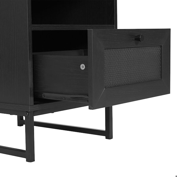 Flash Furniture Malaki Mid-Century Modern Nightstand w/Rattan Accented Drawer, Open Upper Shelf, Metal Legs, Black - EV-ST4043-ZZ-BLK-GG