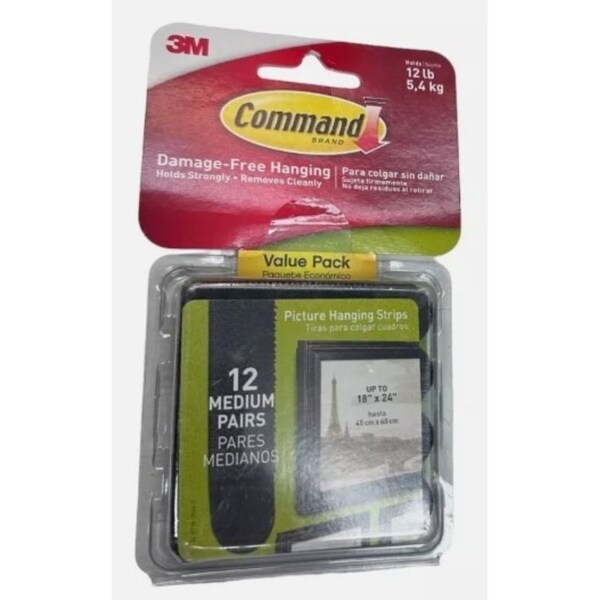 Command Medium Picture Hanging Strip, 3/4 in W, 2-3/4 in L, Foam Backing, Black, 3 lb - 17204BLK-12ES