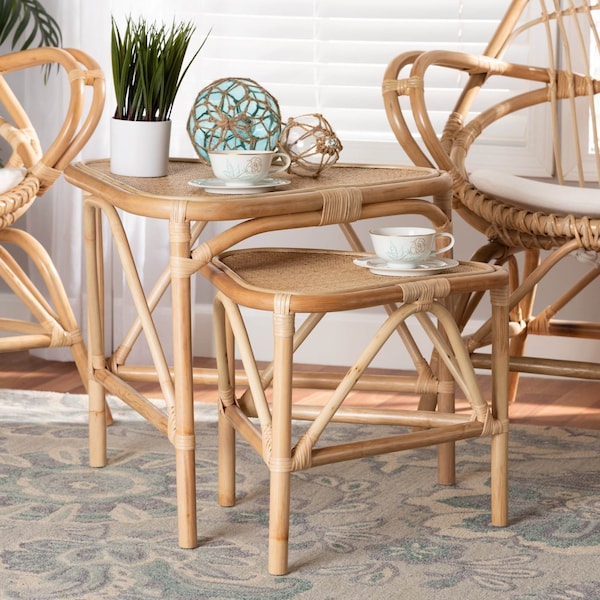 Baxton Studio Jayden Modern Bohemian Natural Brown Finished Rattan 2-Piece End Table Set - 205-12695
