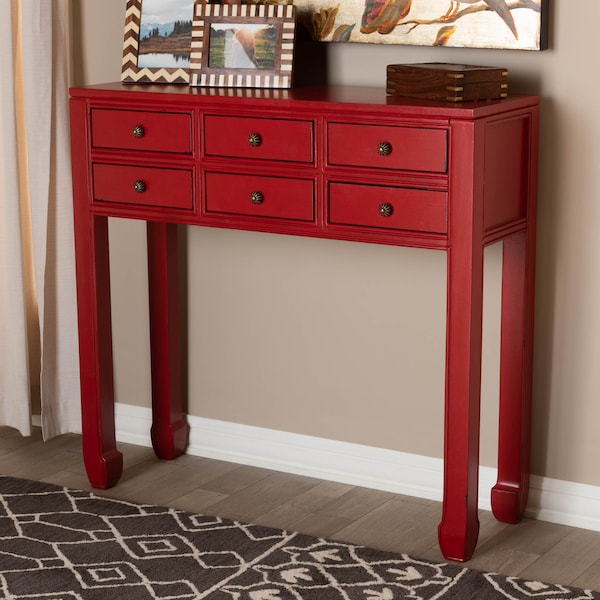 Baxton Studio Red Finished Wood Bronze Finished Accents 6-Drawer Console Table - 148-8192