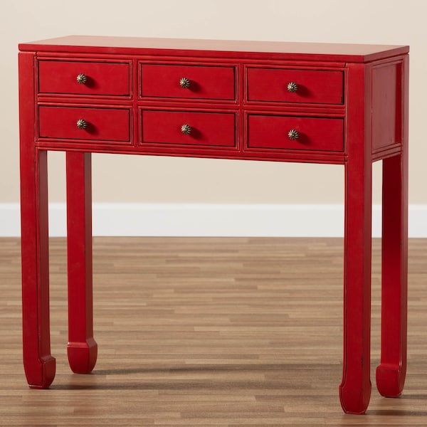 Baxton Studio Red Finished Wood Bronze Finished Accents 6-Drawer Console Table - 148-8192