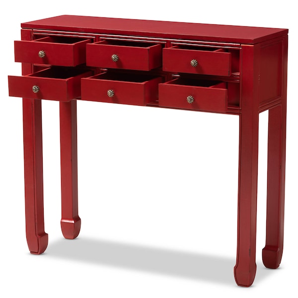 Baxton Studio Red Finished Wood Bronze Finished Accents 6-Drawer Console Table - 148-8192