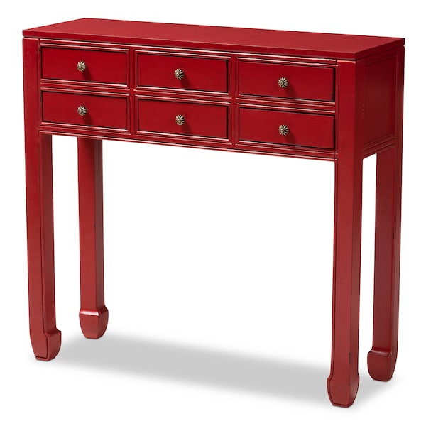 Baxton Studio Red Finished Wood Bronze Finished Accents 6-Drawer Console Table - 148-8192