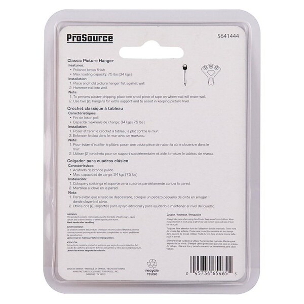 Prosource Picture Hanger, 75 lb, Steel, Polished Brass, Brass, Nail-In Mounting - PH-122274-PS