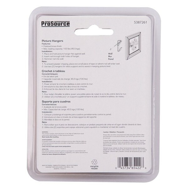 Prosource Picture Hanger, 100 lb, Steel, Polished Brass, Brass, Nail-In Mounting - PH-122310-PS