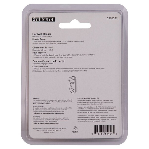 Prosource Picture Hanger, 15 lb, Plastic, White, White, Nail-In Mounting - PH-121121-PS