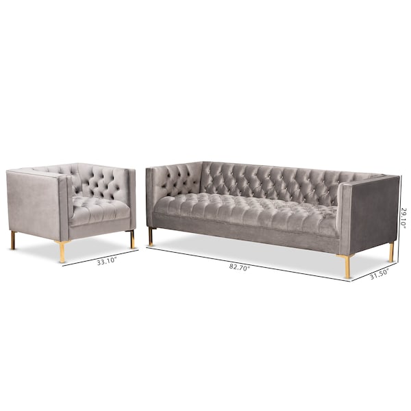 Baxton Studio Zanetta Gray Velvet Gold Finished 2-Piece Sofa and Lounge Chair Set - 153-9689-8324