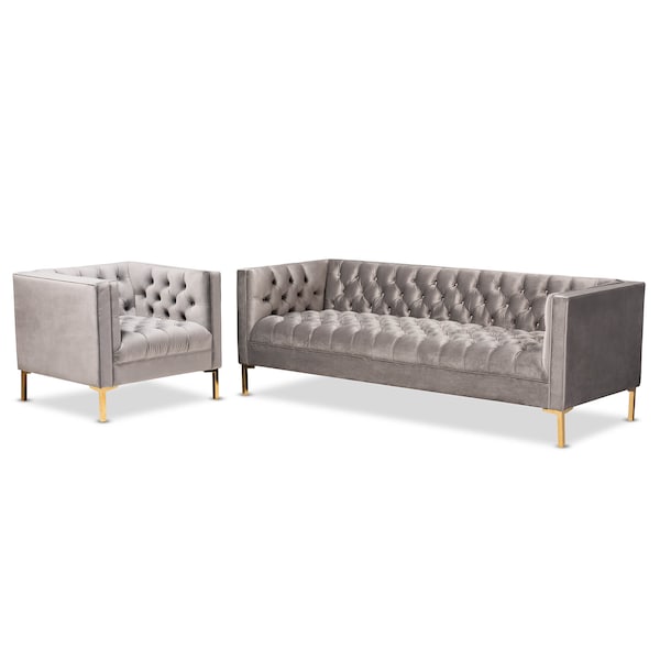 Baxton Studio Zanetta Gray Velvet Gold Finished 2-Piece Sofa and Lounge Chair Set - 153-9689-8324