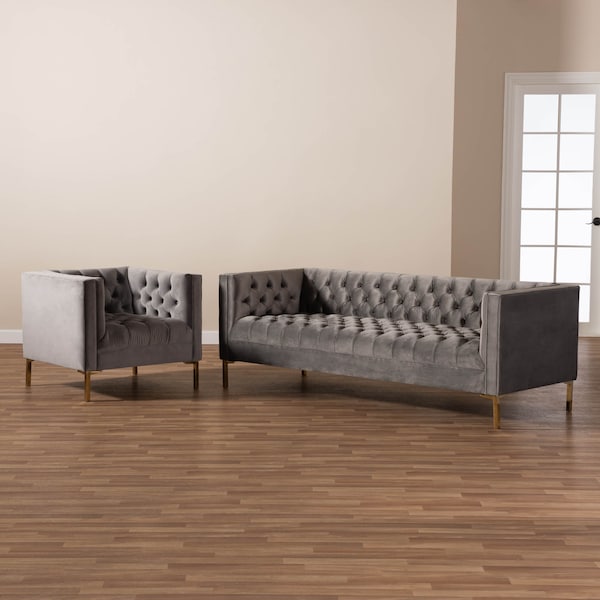 Baxton Studio Zanetta Gray Velvet Gold Finished 2-Piece Sofa and Lounge Chair Set - 153-9689-8324