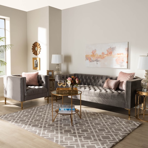 Baxton Studio Zanetta Gray Velvet Gold Finished 2-Piece Sofa and Lounge Chair Set - 153-9689-8324