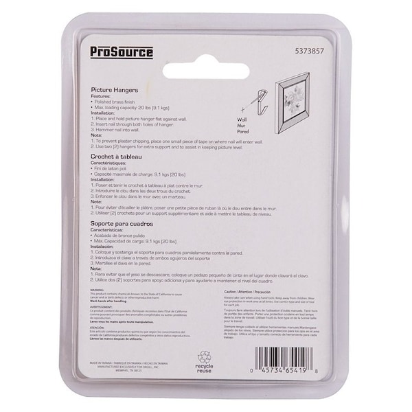 Prosource Picture Hanger, 20 lb, Steel, Polished Brass, Brass, Nail-In Mounting - PH-122308-PS