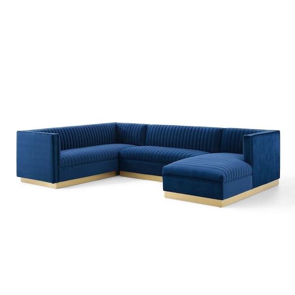 Modway Furniture Sanguine 3 Piece Performance Velvet Sectional Sofa Set Navy - EEI-3921-NAV