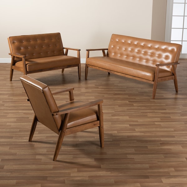 Baxton Studio Sorrento Mid-Century Modern Tan Faux Leather and Walnut Brown Finished Wood 3-Piece Living Room Set - 175-10977-10978-10979-ZORO