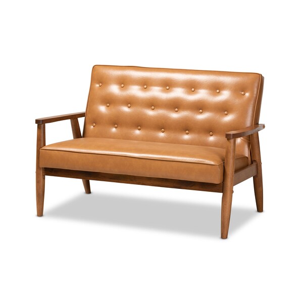 Baxton Studio Sorrento Mid-Century Modern Tan Faux Leather and Walnut Brown Finished Wood 3-Piece Living Room Set - 175-10977-10978-10979-ZORO